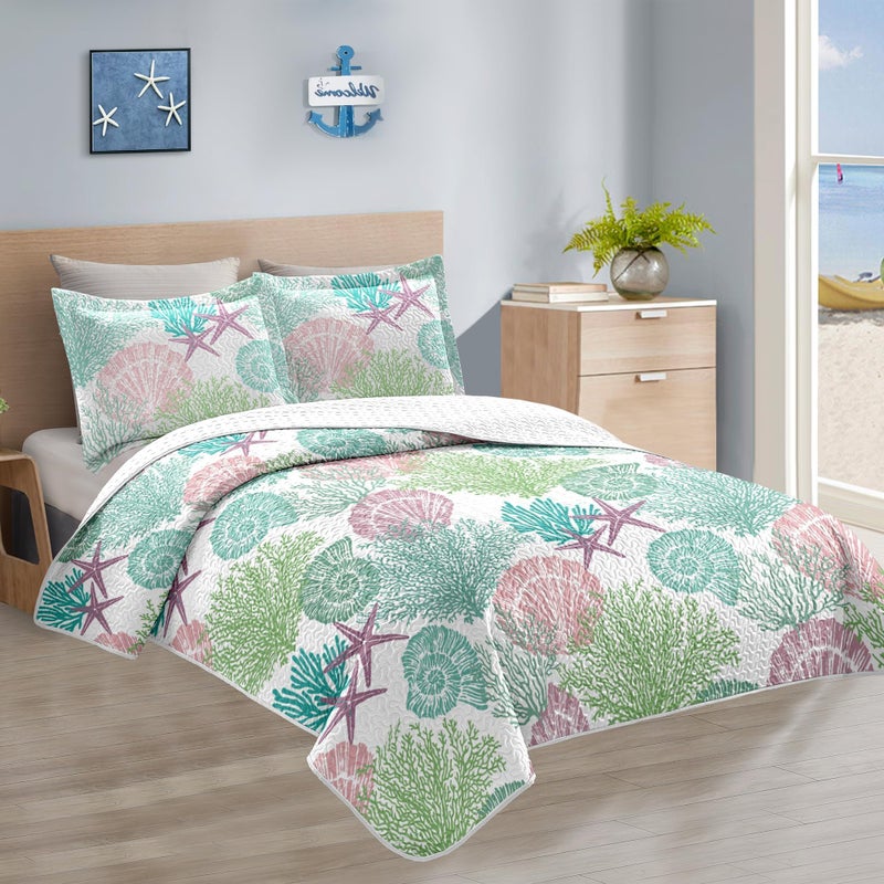 Tritard 3 Piece Coastal Quilt Sets King Size - Reversible Microfiber Quilts with 2 Shams Soft Lightweight Beach Bedding Nautical Bedspread Coverlet Summer Comforter Set for All Season  106''x96''  C5 - Image 2